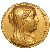  La moneta sulla quale è ritratta Berenice II (recto). 
