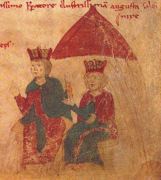 Enrico VI e Costanza d'Altavilla in una miniatura tratta dal <em>Liber ad honorem Augusti</em> di Pietro da Eboli (1196). <br>Codex 120 II della Burgerbibliothek di Berna, 96r.