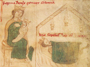 La nascita di Costanza e la morte del padre Ruggero II in una miniatura tratta dal <em>Liber ad honorem Augusti</em> di Pietro da Eboli (1196). <br>Codex 120 II della Burgerbibliothek di Berna, 96r.