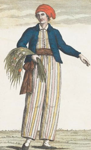 Ritratto di Jeanne Baret vestita da marinaio risalente al 1816, dopo la morte. <br>
Da <em>Navigazioni di Cook del grande oceano e intorno al globo</em>, Vol. 2 (1816). Fonte: <a href=https://commons.wikimedia.org/wiki/File:Jeanne_Barret.jpg>Wikimedia Commons</a>, immagine in pubblico dominio.