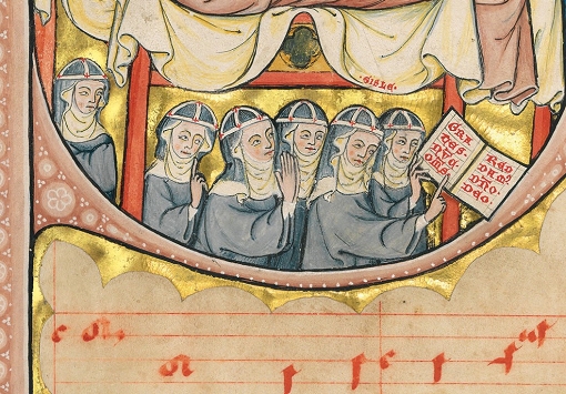 Dettaglio delle monache (con Gisle che sorregge il Graduale), nell’atto di cantare il <em>Puer natus est</em>.