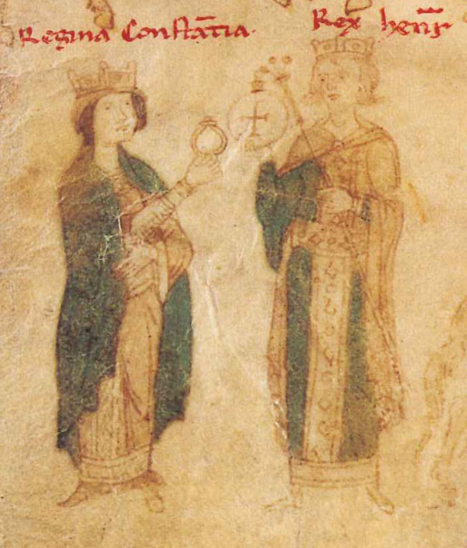 Il fidanzamento e il matrimonio di Costanza con Enrico VI in una miniatura tratta dal <em>Liber ad honorem Augusti</em> di Pietro da Eboli (1196). <br>Codex 120 II della Burgerbibliothek di Berna, 96r.