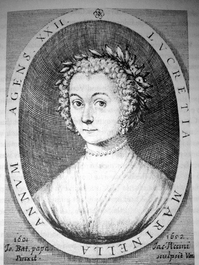 Ritratto di Giacomo Piccini di Lucrezia Marinella, 1652.
<br>Fonte: <a href=https://en.wikipedia.org/wiki/Lucrezia_Marinella#/media/File:Lucrezia_Marinella_by_Giacomo_Piccini,_1652_(cropped).jpg>Wikimedia Commons</a>.