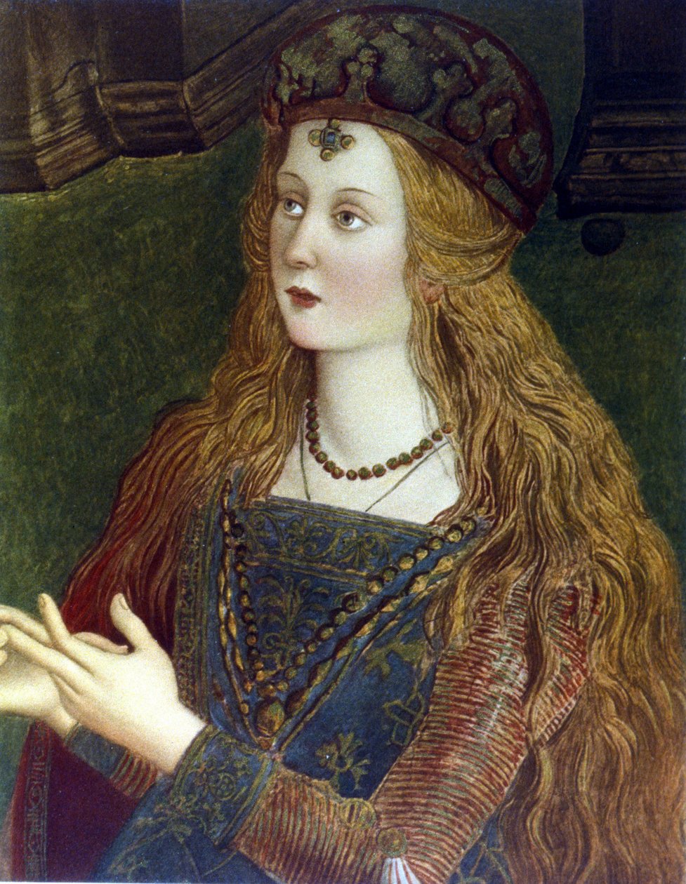 Bernardino Pinturicchio, dettaglio dell'Affresco con la disputa di Santa Caterina; si ritiene che la santa abbia i tratti di Lucrezia.