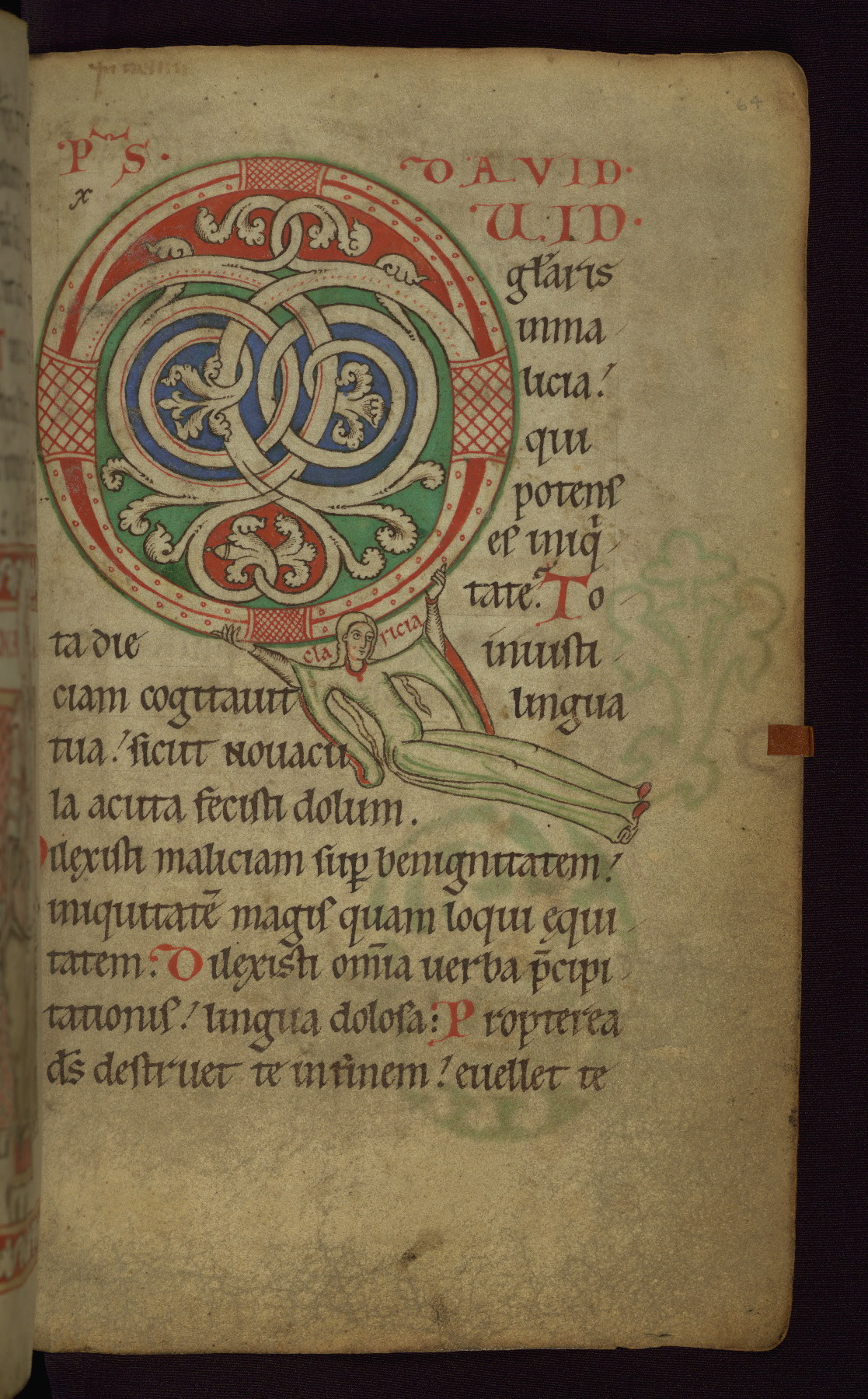 fol. 64r del Salterio W.26, Walters Art Museum di Baltimora, noto come <em>Salterio di Claricia</em>. <br>Immagine di pubblico dominio. Fonte: <a href=https://www.thedigitalwalters.org/Data/WaltersManuscripts/html/W26/>The Digital Walters</a>.