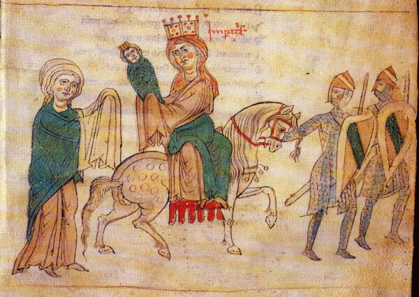 La nascita di Federico II in una miniatura tratta dal <em>Liber ad honorem Augusti</em> di Pietro da Eboli (1196). <br>Codex 120 II della Burgerbibliothek di Berna, 138r.