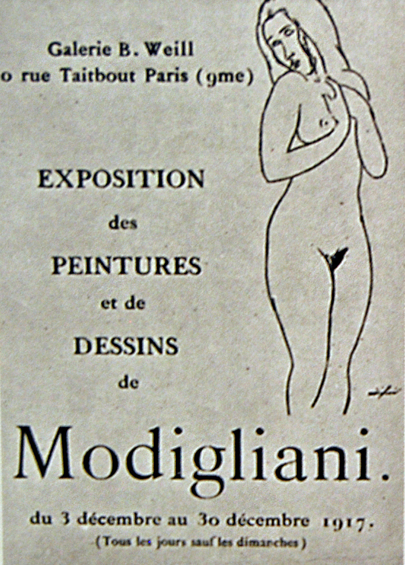 Volantino per la prima e unica mostra personale di Amedeo Modigliani alla Galleria Berthe Weill nel 1917. La mostra si concluse con la chiusura da parte della polizia a causa dello scandalo creato dalla presenza delle opere di nudo.