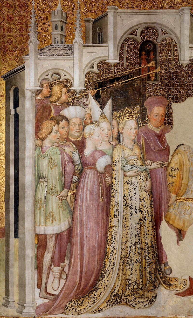 Teodolinda sposa Agilulfo (dettaglio)<br>Affresco della Cappella di Teodolinda degli Zavattari del Duomo di Monza, 1444. <br>
Fonte: <a href=https://commons.wikimedia.org/wiki/File:Theodelinda_married_Agilulf_(detail).jpg>Wikimedia Commons</a>. Immagine in pubblico dominio.