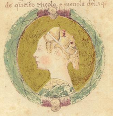 Laura Malatesta, detta Parisina. Dettaglio tratto dalla 'Genealogia dei principi d’Este', ms. membranaceo, cc. I-8-II (Roma, Biblioteca Nazionale Centrale Vittorio Emanuele II, Fondo Vittorio Emanuele n. 293). Fonte: Wikimedia Commons