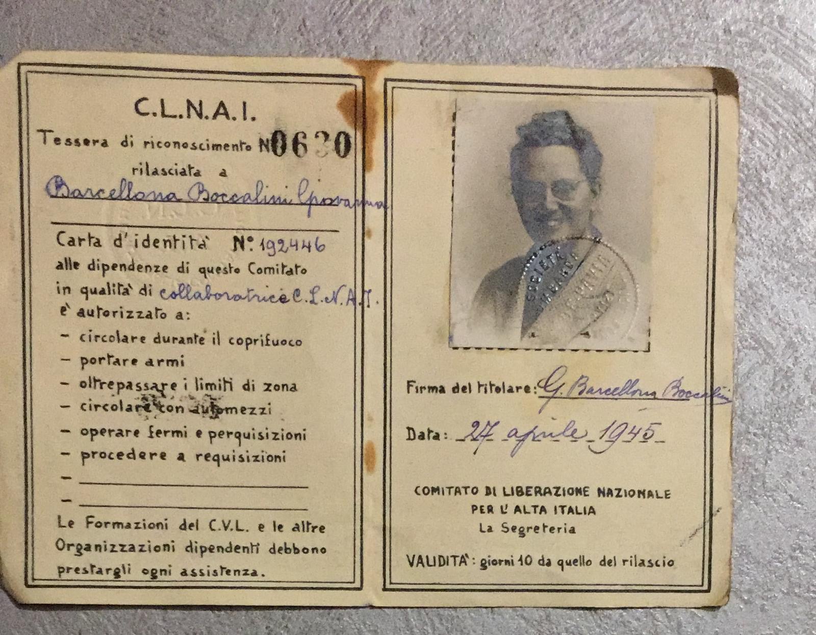 Tessera di riconoscimento del CLNAI di Giovanna Boccalini Barcellona (27 aprile 1945)