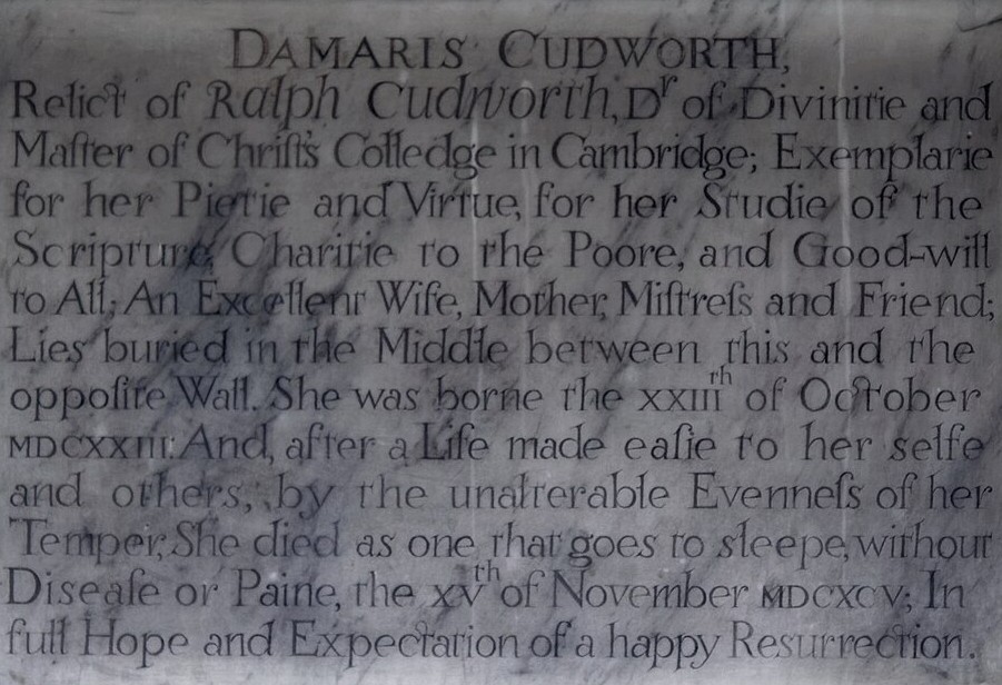 Targa che ricorda Damaris Cudworth nella All Saints Church di High Laver, Essex, Inghilterra. Fonte: Wikimedia Commons