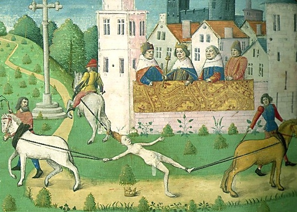 L'esecuzione di Brunechilde, miniatura da: Giovanni Boccaccio, De casibus virorum illustrium, libro 9, Parigi ca. 1475.