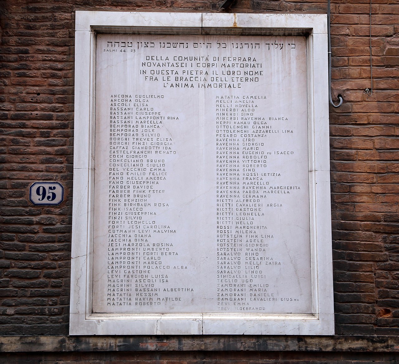Epigrafe posta in via Mazzini a Ferrara, di lato all'ingresso della sinagoga. Il nome MAGRINI ASCOLI ISA si legge verso la fine dell'elenco nella colonna di sinistra.