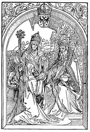   	
Conrad il Celta presenta il libro di Rosvita a Friedrich III di Sassonia.Incisione di Albrecht Dürer.
