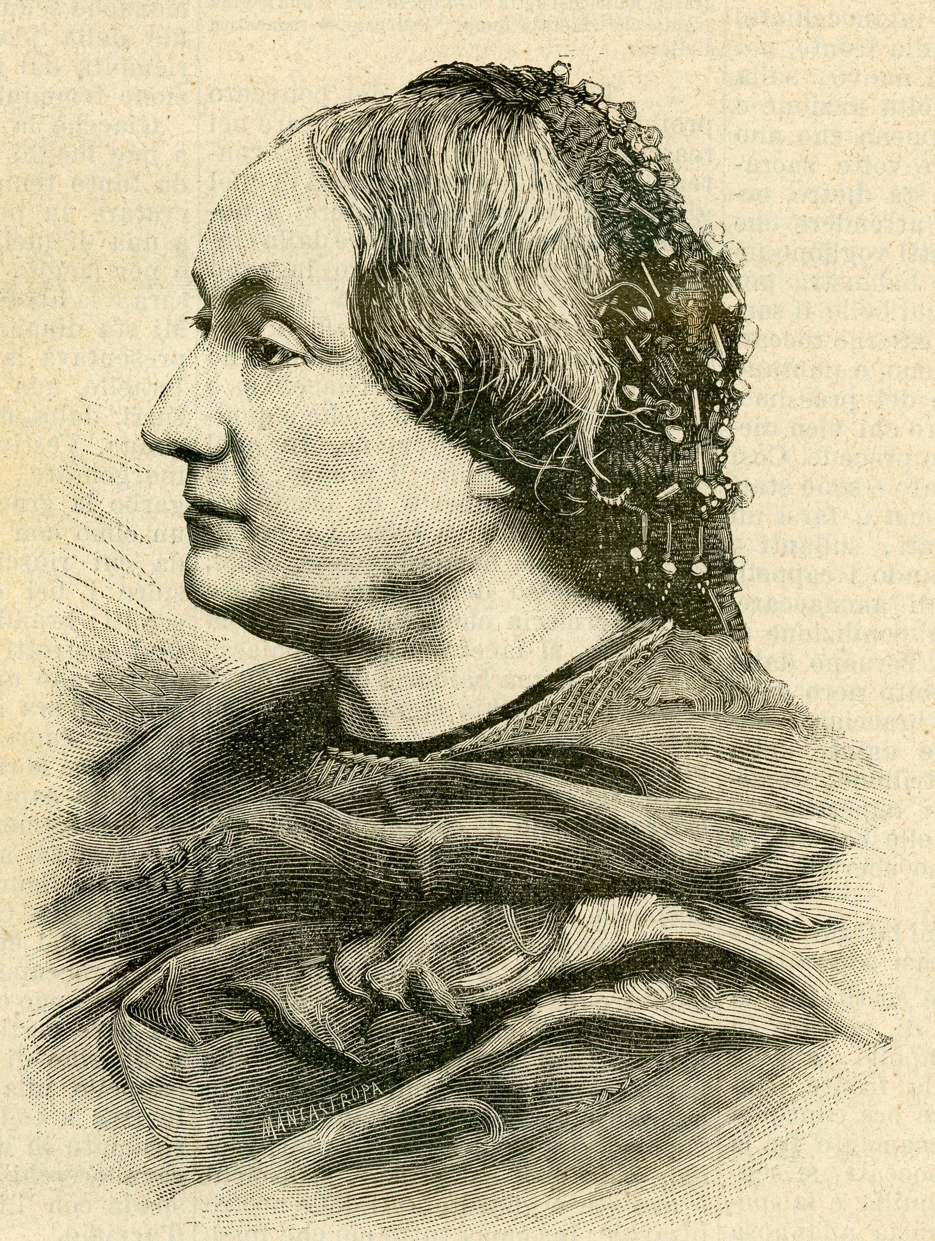  La scrittrice Caterina Percoto, nata in San Lorenzo di Soleschiano, morta il 15 agosto in San Gio. di Manzano (xilografia).