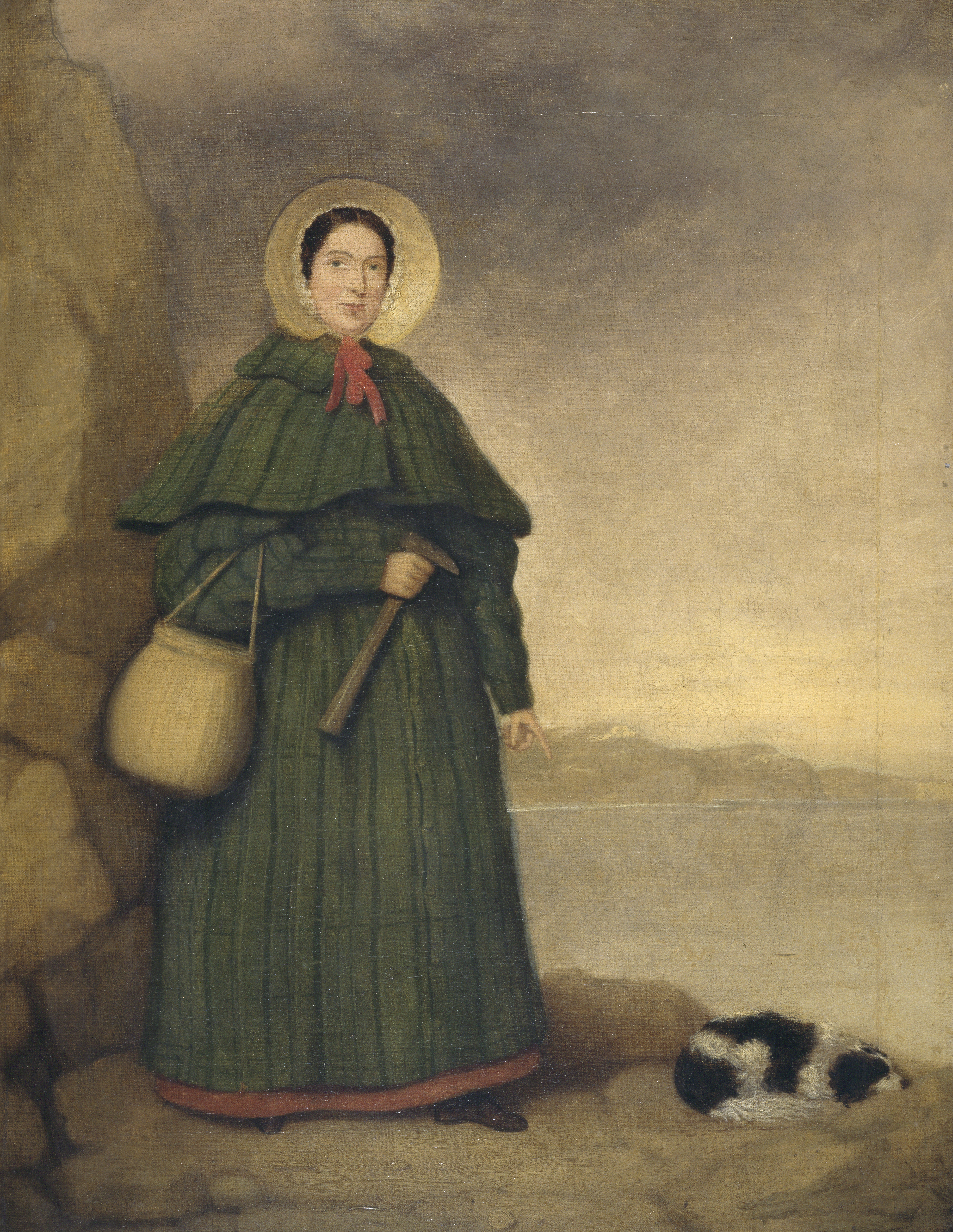 Ritratto di Mary Anning con il suo cane Tray e il Golden Cap sullo Sfondo. 