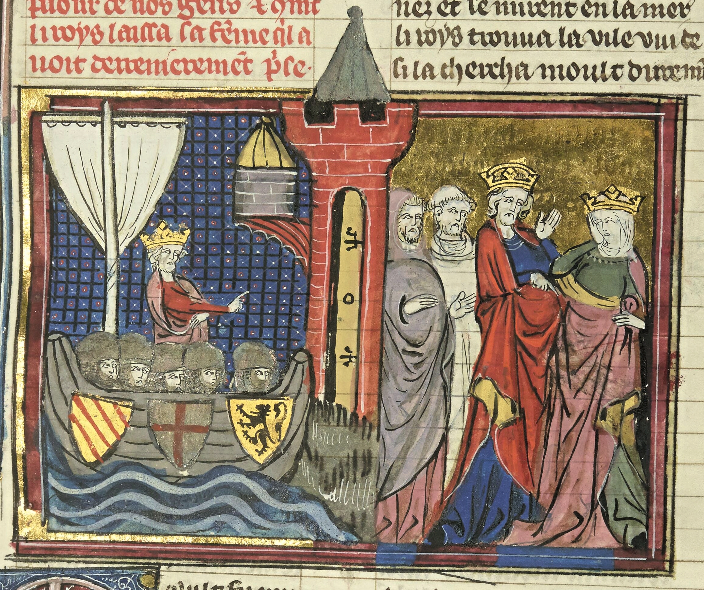 Baldovino I di Fiandra ripudia la moglie Adelasia (a destra). <br>Dal manoscritto Ms Fr 22495, Fol.101, del Roman de Godefroi de Bouillon. La copia, datata al 1337, è conservata alla Bibliothèque nationale de France.